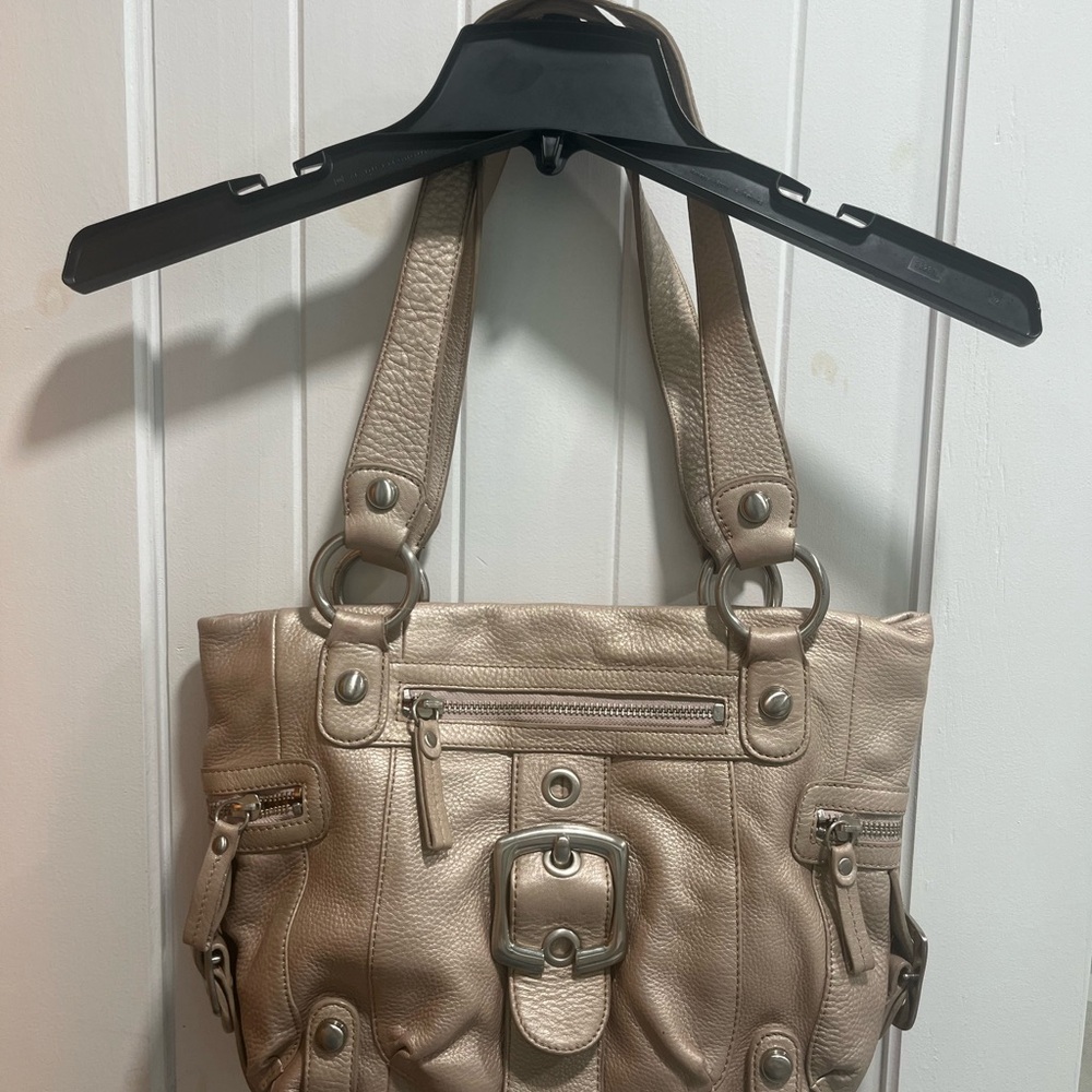 B. Makowsky Tan Shoulder Bag with Double Straps and Silver Hardware